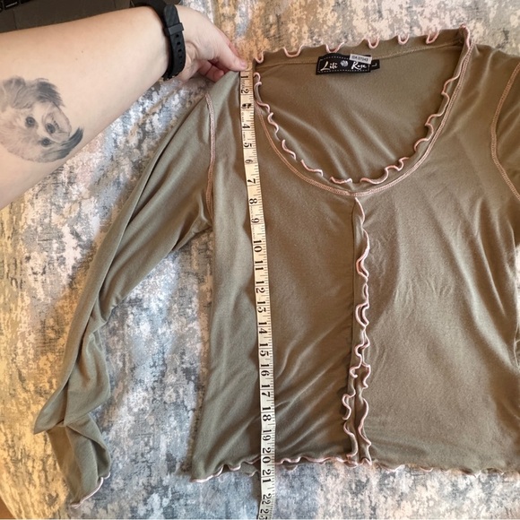 VTG Coquette Top Sz L Demure Romantic Fairy Lettuce Hem Y2K Sage Green Baby Pink - Picture 11 of 13